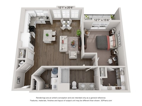 Floor plan for 1 bed, 1 bath, 887 sqft